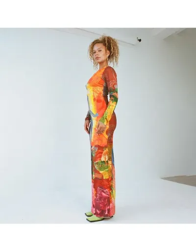 Replica Colorblock Abstract Printed Side Slit Maxi Dress #803037 $21.73 USD for Wholesale