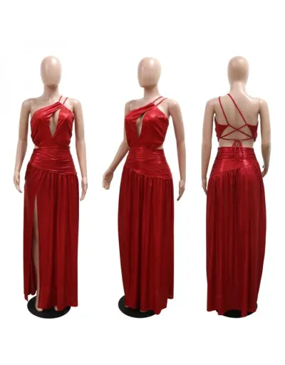 Replica Metallic Ruched Backless Split Hem Dress #803048 $74.51 USD for Wholesale