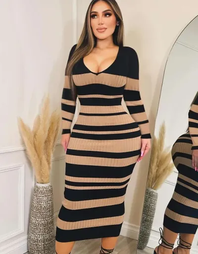 Rib Striped V Neck Bodycon Maxi Dress #803056 $38.60 USD, Wholesale Fashion 