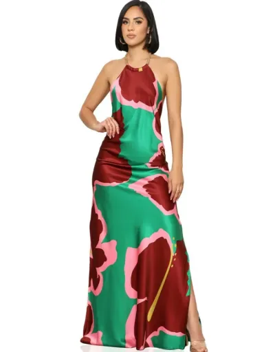 Colorblock Halter Backless Split Hem Maxi Dress #803064 $41.05 USD, Wholesale Fashion 