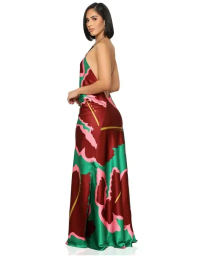 Replica Colorblock Halter Backless Split Hem Maxi Dress #803064 $41.05 USD for Wholesale