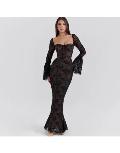 Lace Tie-wrap Trumpet Sleeve Maxi Dress #803073 $87.96 USD, Wholesale Fashion 