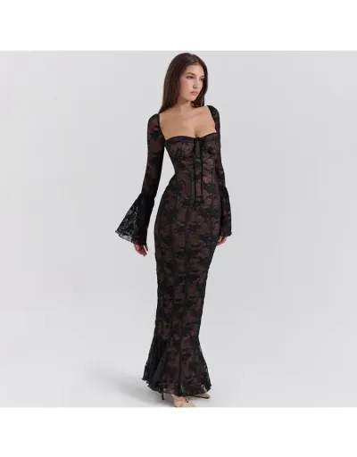 Replica Lace Tie-wrap Trumpet Sleeve Maxi Dress #803073 $87.96 USD for Wholesale