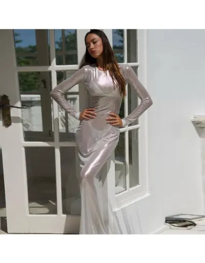 Replica Metallic Color Sheer Long Sleeves Maxi Dress #803074 $36.57 USD for Wholesale