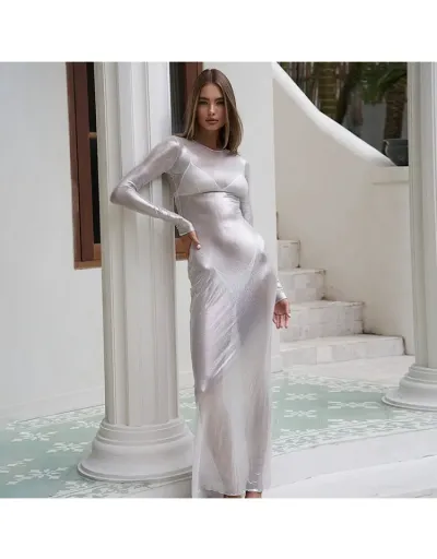 Replica Metallic Color Sheer Long Sleeves Maxi Dress #803074 $36.57 USD for Wholesale