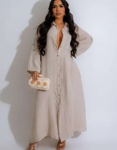 Plain Color Linen Button Up Long Shirt Maxi Dress #803077 $53.07 USD, Wholesale Fashion 