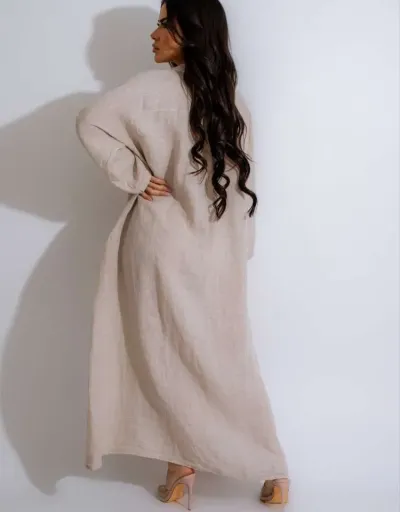 Replica Plain Color Linen Button Up Long Shirt Maxi Dress #803077 $53.07 USD for Wholesale