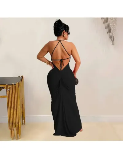 Replica Ruched Halter Backless Lace Up Maxi Dress #803087 $47.71 USD for Wholesale