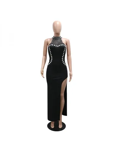 Replica Elegant Hotfix Rhinestones Split Sleeveless Maxi Dress #803091 $55.04 USD for Wholesale