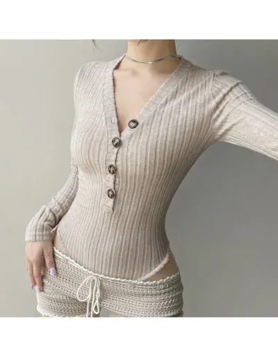 Replica Knitting V Neck Long Sleeve Bodycon Bodysuits #803118 $30.26 USD for Wholesale