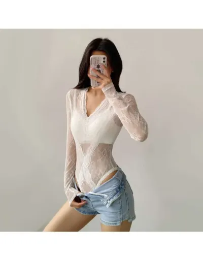 Lace V Neck Long Sleeve Bodysuits #803129 $36.69 USD, Wholesale Fashion Bodysuits