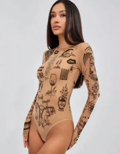 Replica See Through Crewneck Bodycon Bodysuits #803152 $20.83 USD for Wholesale