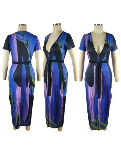 Replica Colorblock V Neck Bandage Split Hem Maxi Dress #803200 $37.54 USD for Wholesale