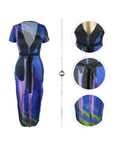 Replica Colorblock V Neck Bandage Split Hem Maxi Dress #803200 $37.54 USD for Wholesale