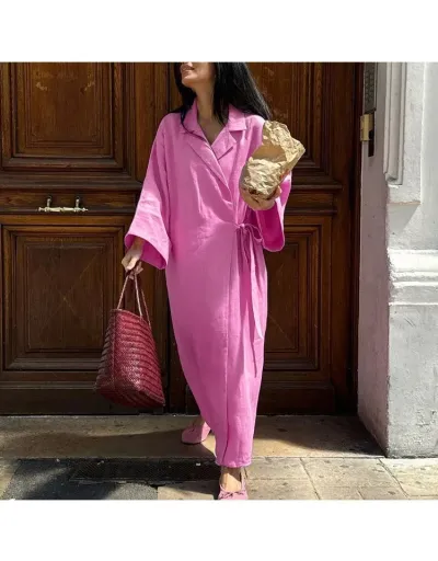 Replica Plain Color Loose Tie-wrap Shirt Maxi Dress #803204 $54.51 USD for Wholesale