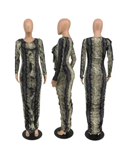 Replica Ruched Snake Print Ruffle Fitted Maxi Dress #803219 $37.26 USD for Wholesale