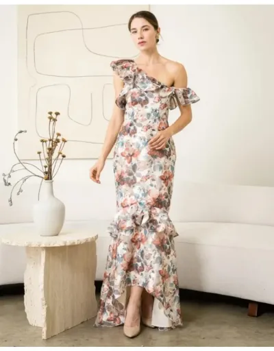 Flower Printed One Shoulder Ruffle Maxi Dress #803220 $67.78 USD, Wholesale Fashion 