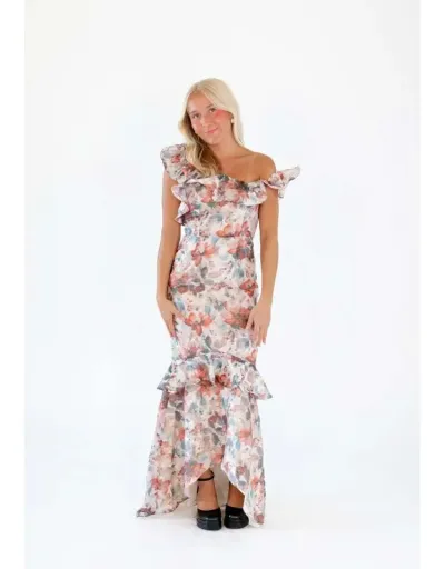 Replica Flower Printed One Shoulder Ruffle Maxi Dress #803220 $67.78 USD for Wholesale