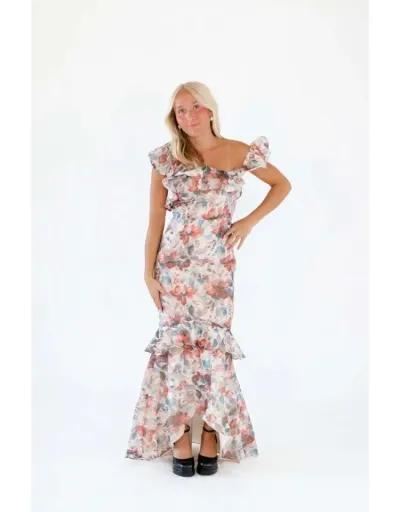 Replica Flower Printed One Shoulder Ruffle Maxi Dress #803220 $67.78 USD for Wholesale