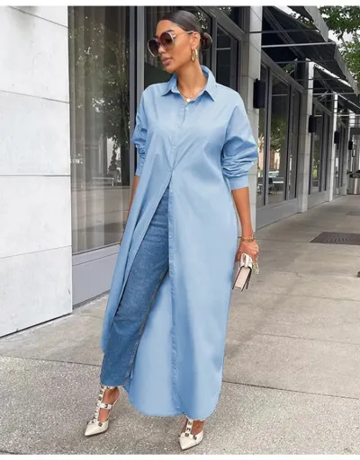 Replica Plain Buckle Long Sleeve Shirt Maxi Dress #803221 $39.48 USD for Wholesale