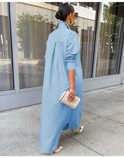 Replica Plain Buckle Long Sleeve Shirt Maxi Dress #803221 $39.48 USD for Wholesale