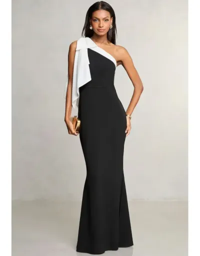 Colorblock Ribbons One-shoulder Maxi Dress #803222 $37.58 USD, Wholesale Fashion 