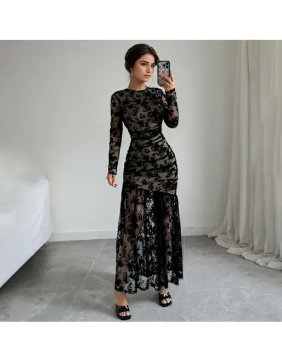 Replica Ruched Floral Gauze Bodycon Maxi Dress #803225 $47.93 USD for Wholesale