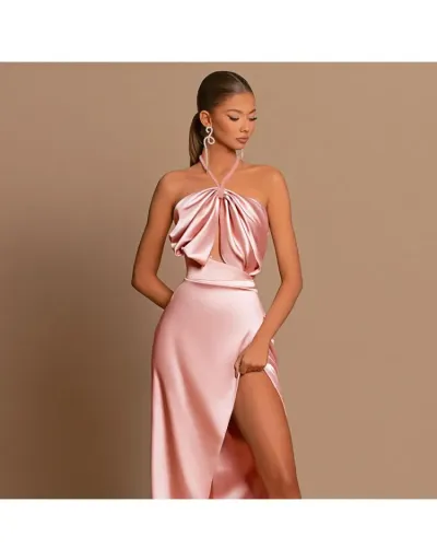 Replica Elegant Satin Off Shoulder Split Ruched Maxi Dress #803244 $43.57 USD for Wholesale