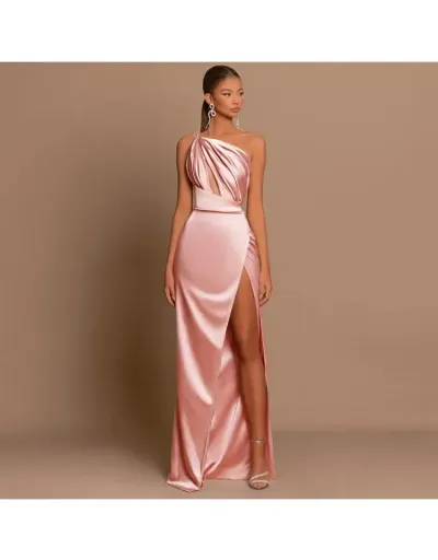 Replica Elegant Satin Off Shoulder Split Ruched Maxi Dress #803244 $43.57 USD for Wholesale