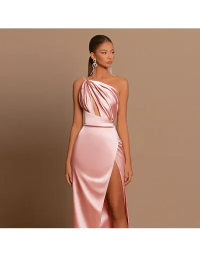 Replica Elegant Satin Off Shoulder Split Ruched Maxi Dress #803244 $43.57 USD for Wholesale