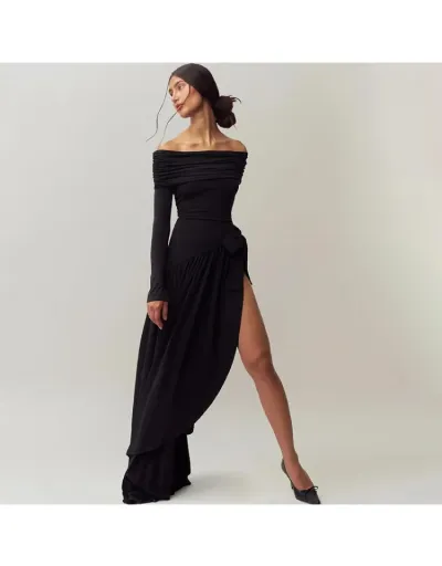 Ruched Bow Off Shoulder Split Hem Maxi Dress #803249 $51.58 USD, Wholesale Fashion 