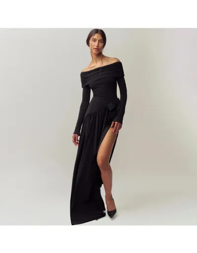 Replica Ruched Bow Off Shoulder Split Hem Maxi Dress #803249 $51.58 USD for Wholesale