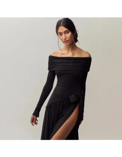 Replica Ruched Bow Off Shoulder Split Hem Maxi Dress #803249 $51.58 USD for Wholesale