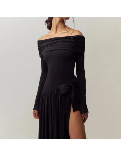 Replica Ruched Bow Off Shoulder Split Hem Maxi Dress #803249 $51.58 USD for Wholesale