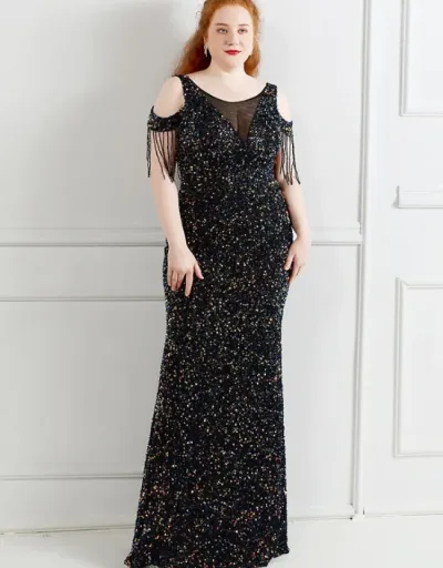 Sequin Tassel Cold Shoulder Maxi Dress #803261 $49.03 USD, Wholesale Fashion 