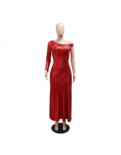 Replica Exquisite Metallic Pleated Off Shoulder Long Sleeve Maxi Dress #803274 $67.64 USD for Wholesale