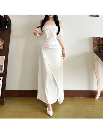 Fluff Off Shoulder Ruched Split Hem Maxi Dress #803292 $54.51 USD, Wholesale Fashion 