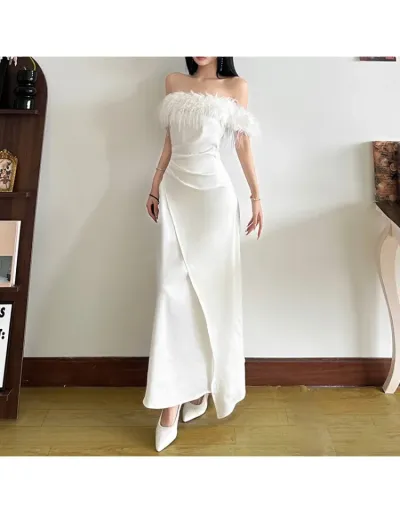 Replica Fluff Off Shoulder Ruched Split Hem Maxi Dress #803292 $54.51 USD for Wholesale