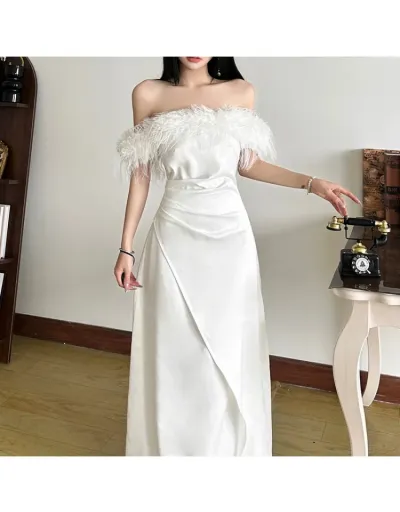 Replica Fluff Off Shoulder Ruched Split Hem Maxi Dress #803292 $54.51 USD for Wholesale