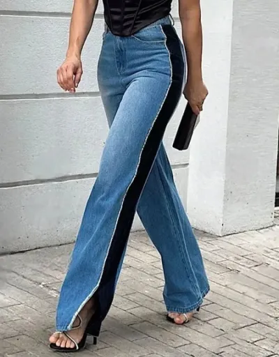 Replica Patchwork Split Hem Wide Leg Jeans #803295 $50.41 USD for Wholesale