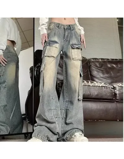 Denim Multi Pocket Wide Leg Cargo Jeans #803297 $59.97 USD, Wholesale Fashion Jeans