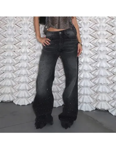 Hotfix Rhinestones Gradient Color Loose Jeans #803300 $47.66 USD, Wholesale Fashion Jeans