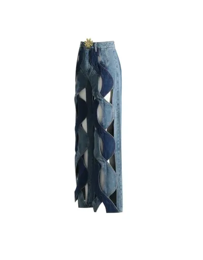 Replica Hollow Out Denim Wide Leg Jeans #803304 $102.37 USD for Wholesale